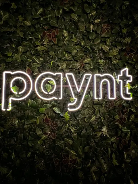 Baltas LED neoninis logotipas ant dirbtinių augalų sienos