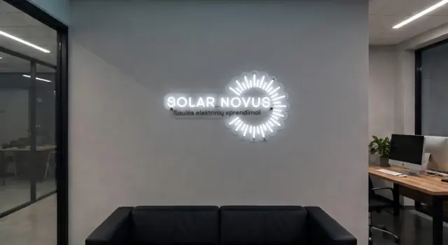 Baltas LED neoninis logotipas biuro priimamajame virš sofos