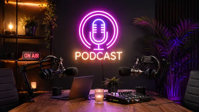 LED neoninis ženklas „Podcast“ su mikrofono simboliu tinklalaidžių studijoje